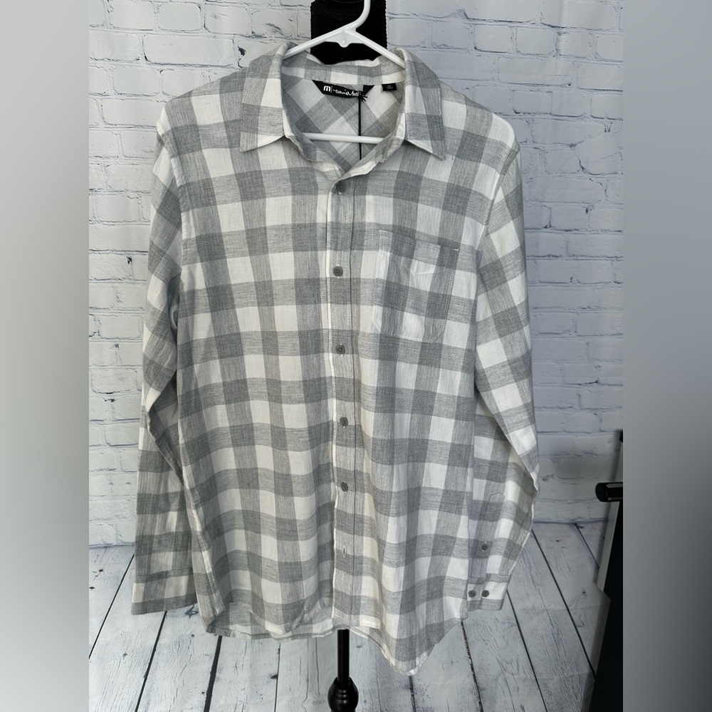 NWT TravisMathew Men's Long-Sleeve Button-Up Shirt, Gray & White Plaid, Medium